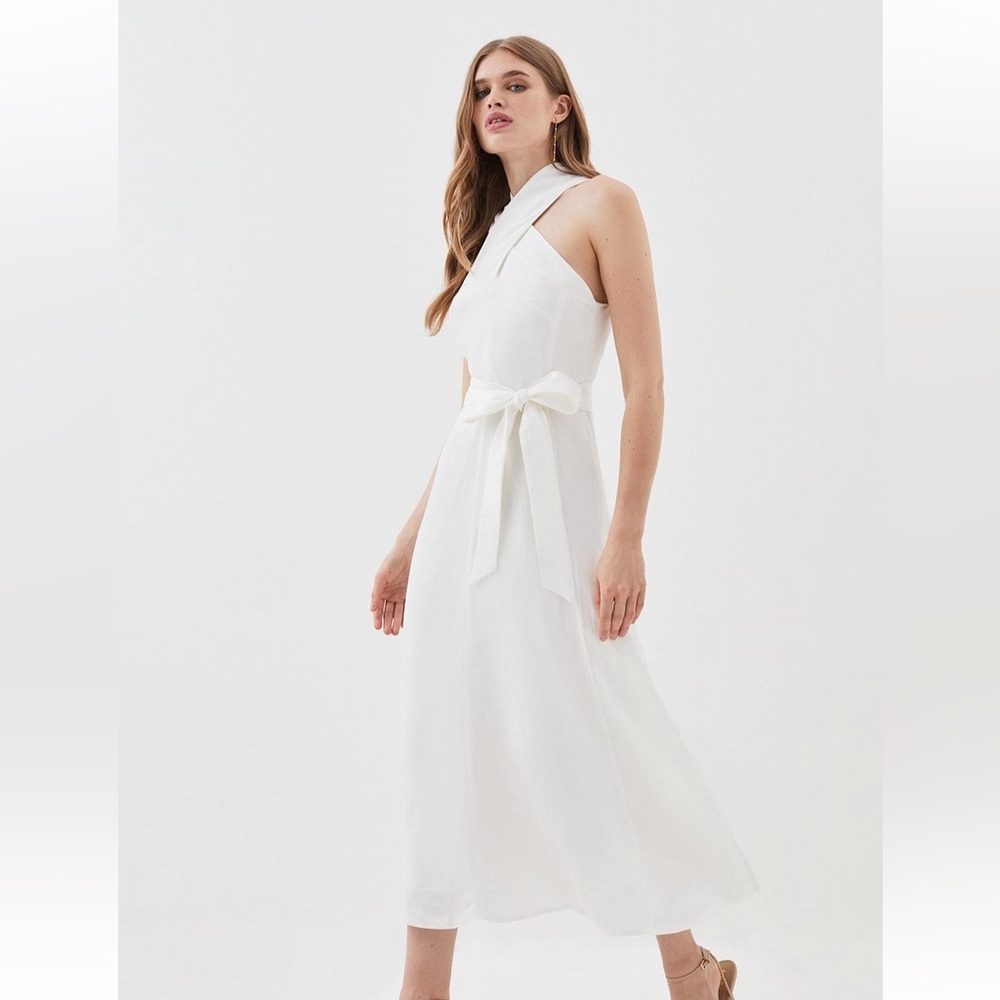 Karen Millen Linen Notch Belted Full Skirt Midi Dress
